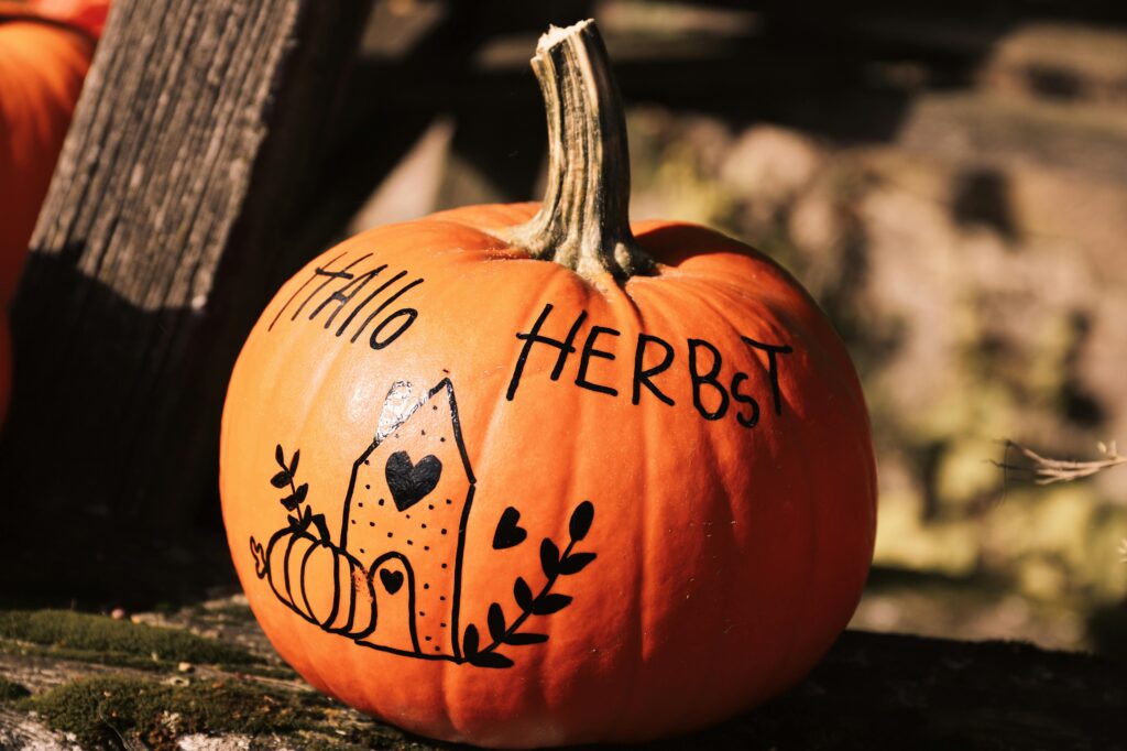 pexels-photo-34157109-34157109 Orange pumpkin with hand-drawn design and 'Hello Herbst' text on rustic background.